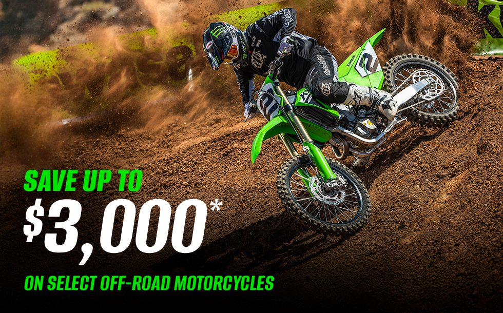 Save up to $3,000 on select off-road motorcycles, valid through June 30, 2026.