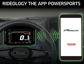 RIDEOLOGY THE APP POWERSPORTS shown on a mobile device connecting to a side by side.