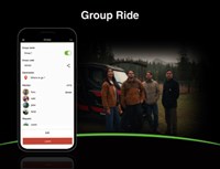 Vignette of four people gathered outside, with the RIDEOLOGY THE APP POWERSPORTS Group Ride feature displayed on a phone screen.