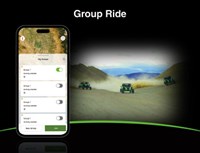 Vignette of three side x sides with the RIDEOLOGY THE APP POWERSPORTS Group Ride feature displayed on a phone screen.
