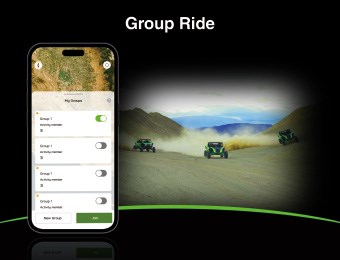 Vignette of three side x sides with the RIDEOLOGY THE APP POWERSPORTS Group Ride feature displayed on a phone screen.