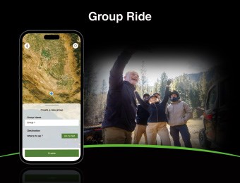 Vignette of five people gathered outside and RIDEOLOGY THE APP POWERSPORTS, Group Ride, displayed on a phone screen.