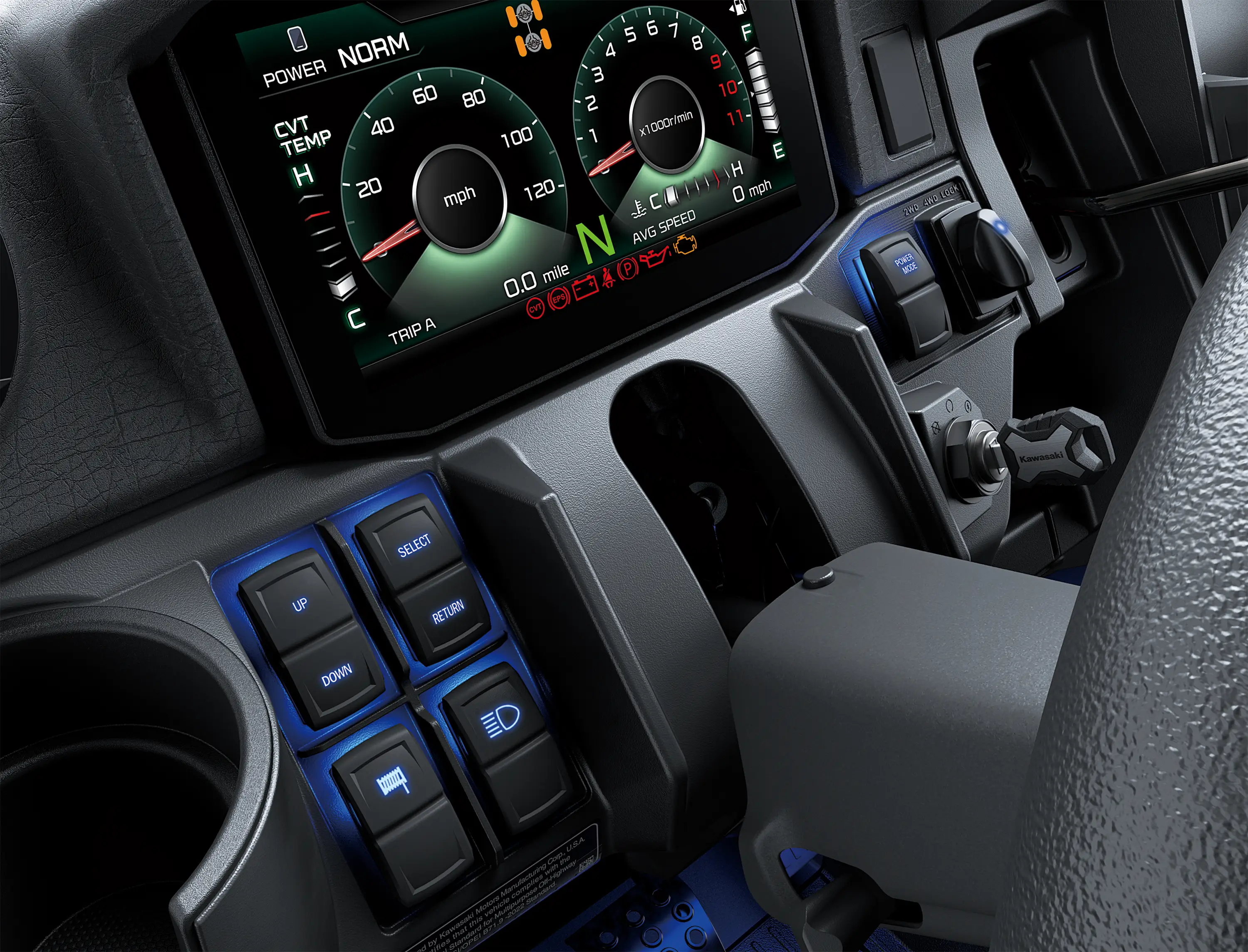 Close-up on a side x side infotainment screen and buttons.