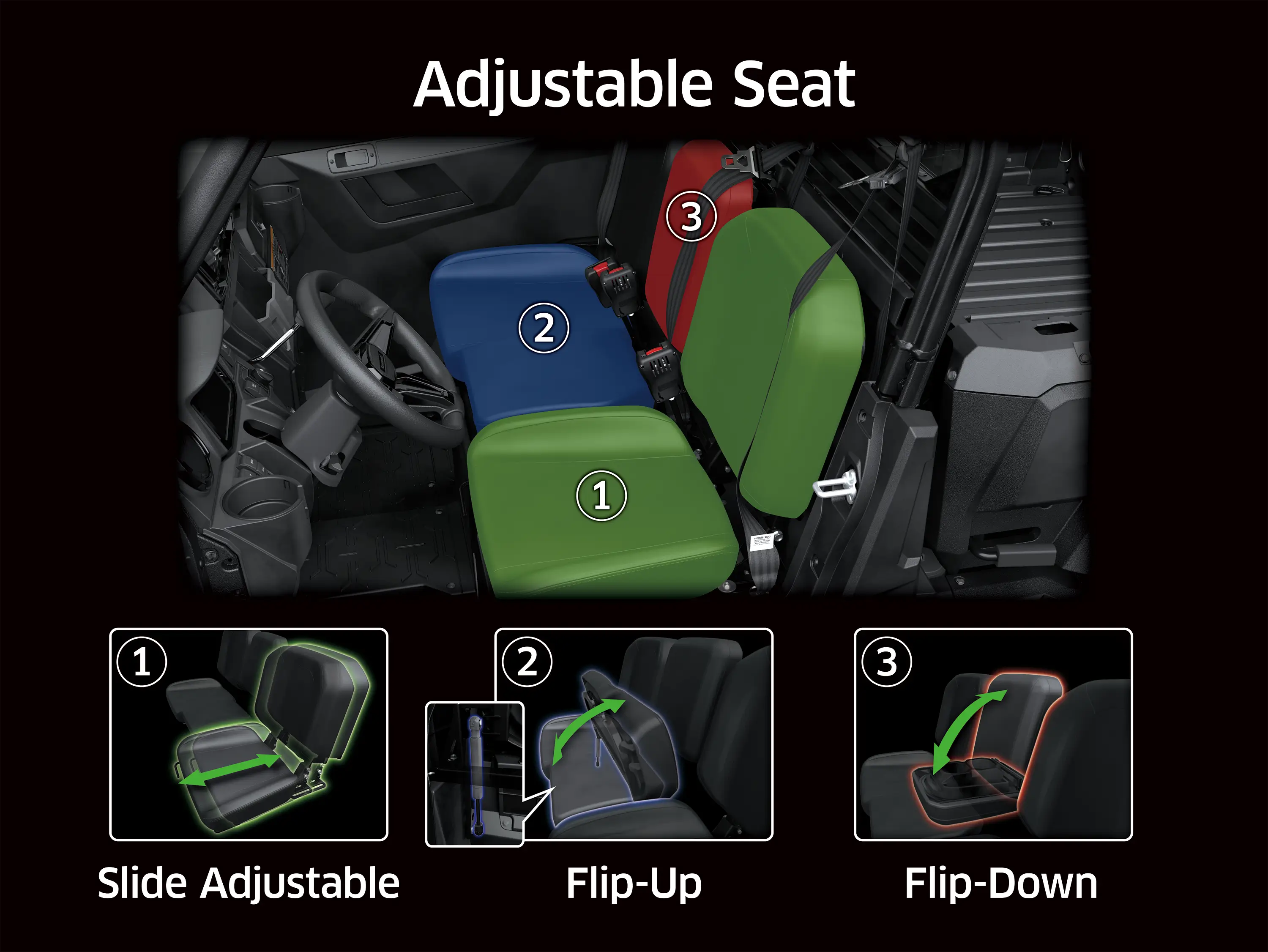 Graphic treatment of a side x side adjustable seat.