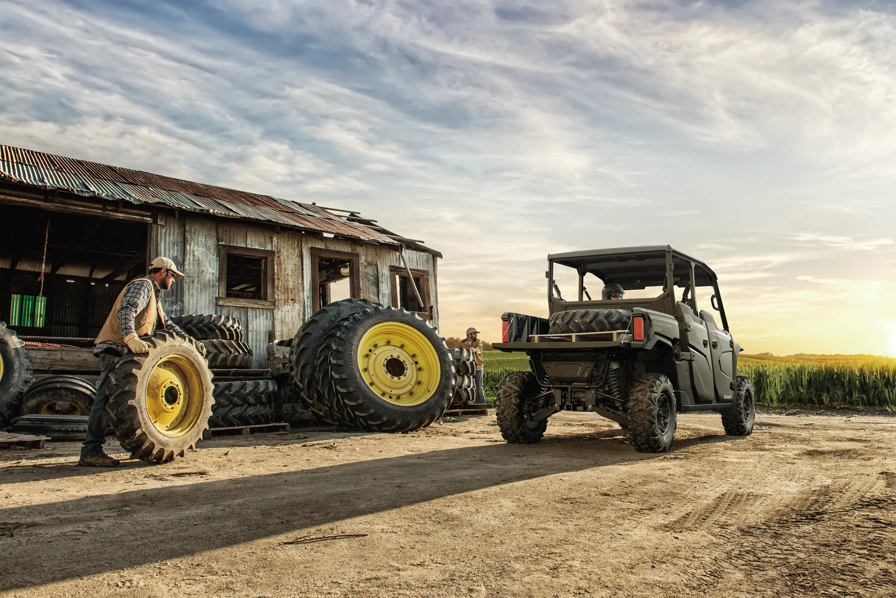 Rear angle of a side x side on a ranch.