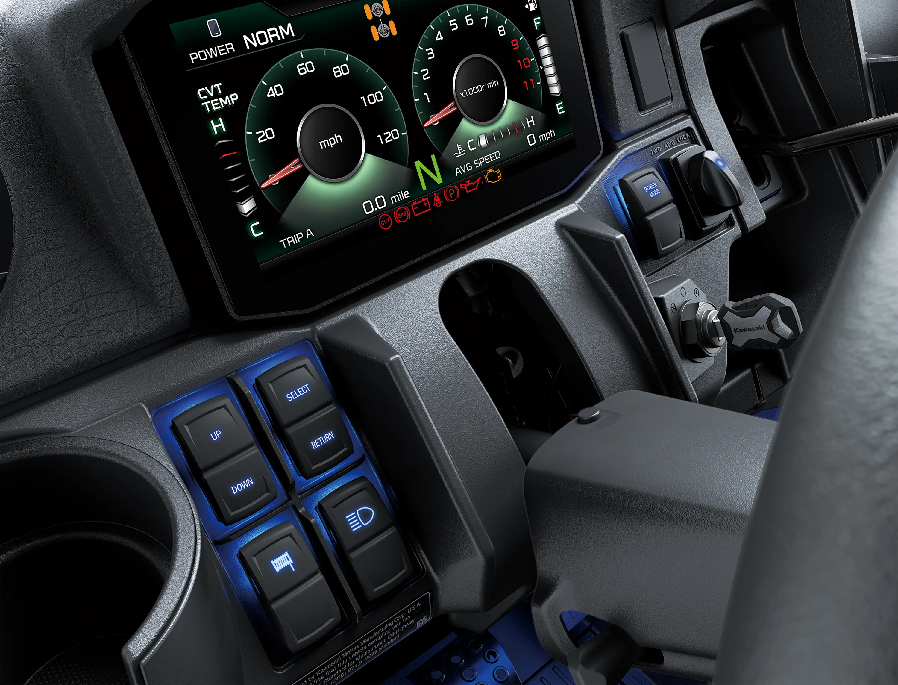Close-up on a side x side infotainment screen and buttons.
