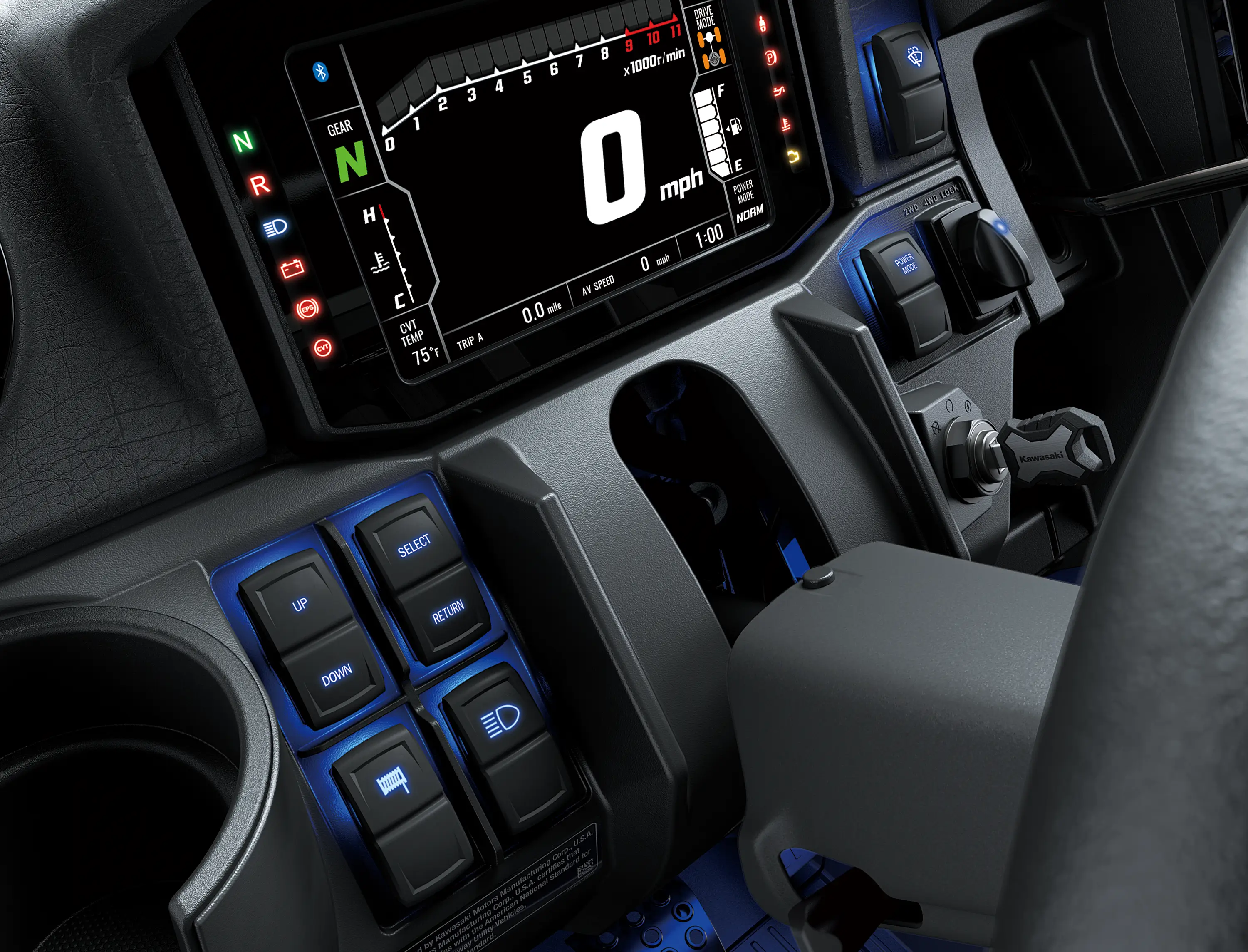 Close-up on a side x side infotainment screen and buttons.