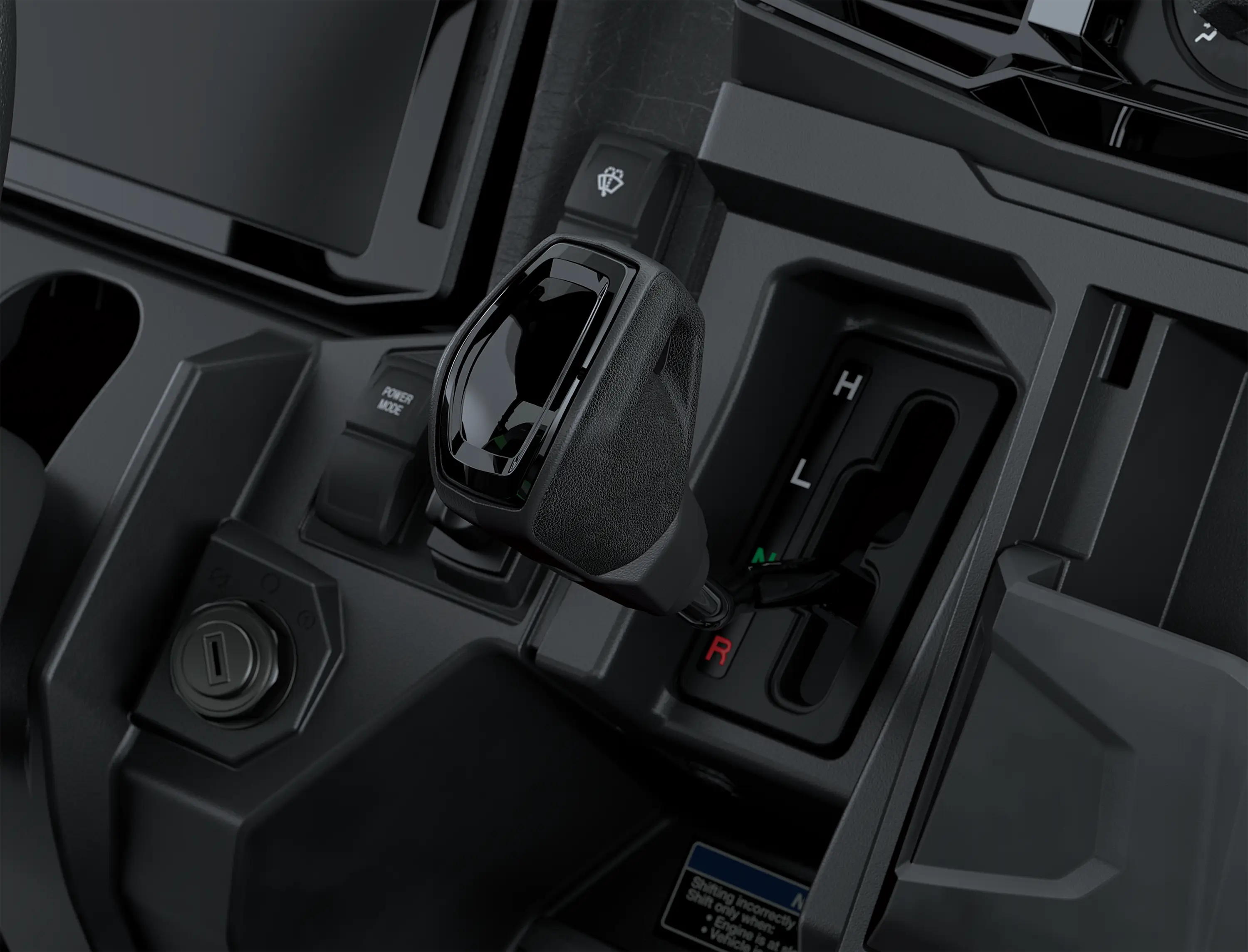 Close-up on a side x side gear shifter.