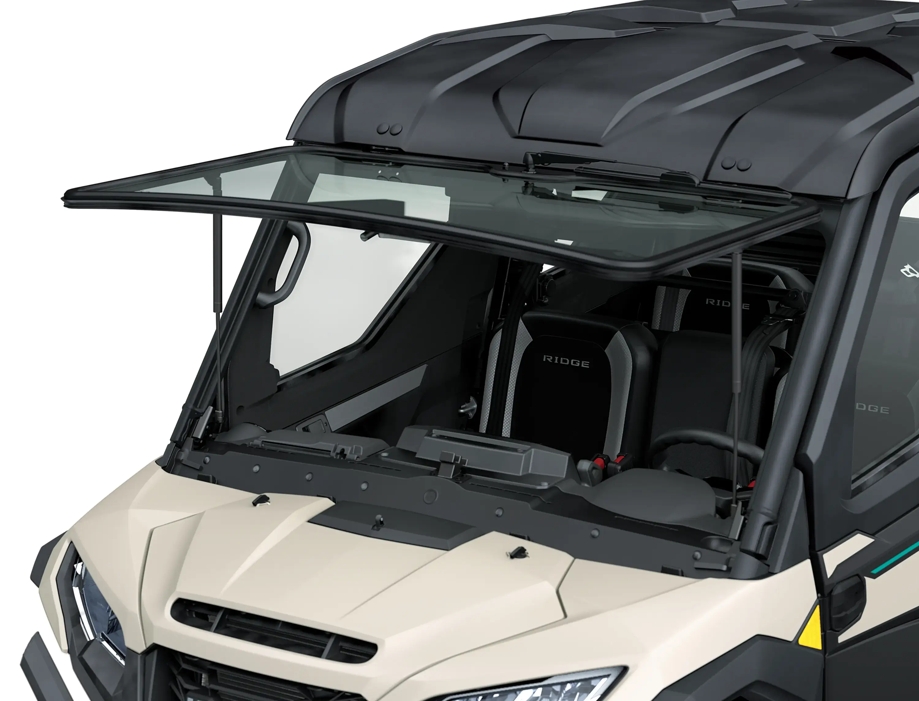 Flip-up windshield of a side x side.