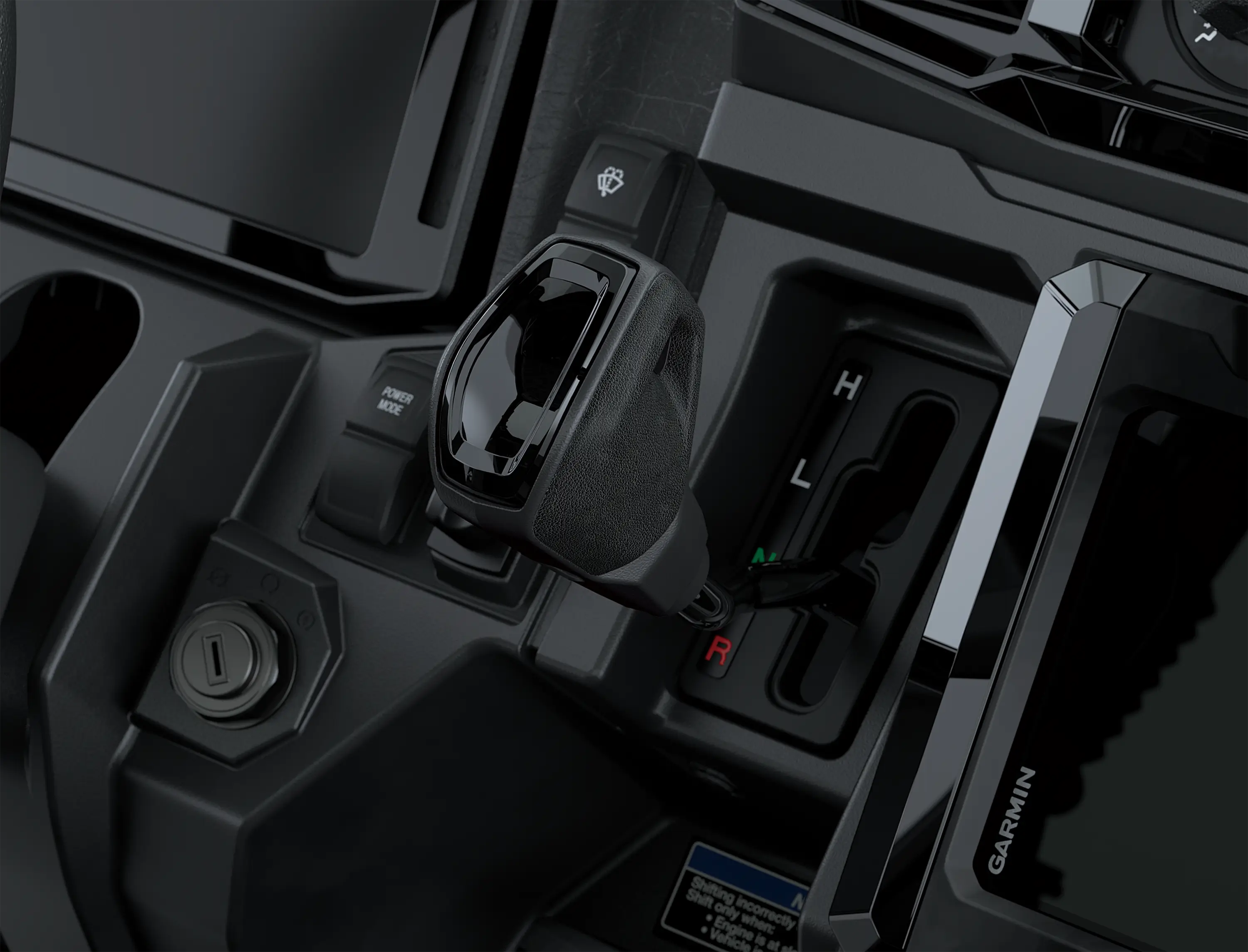 Close-up on a side x side gear shifter.