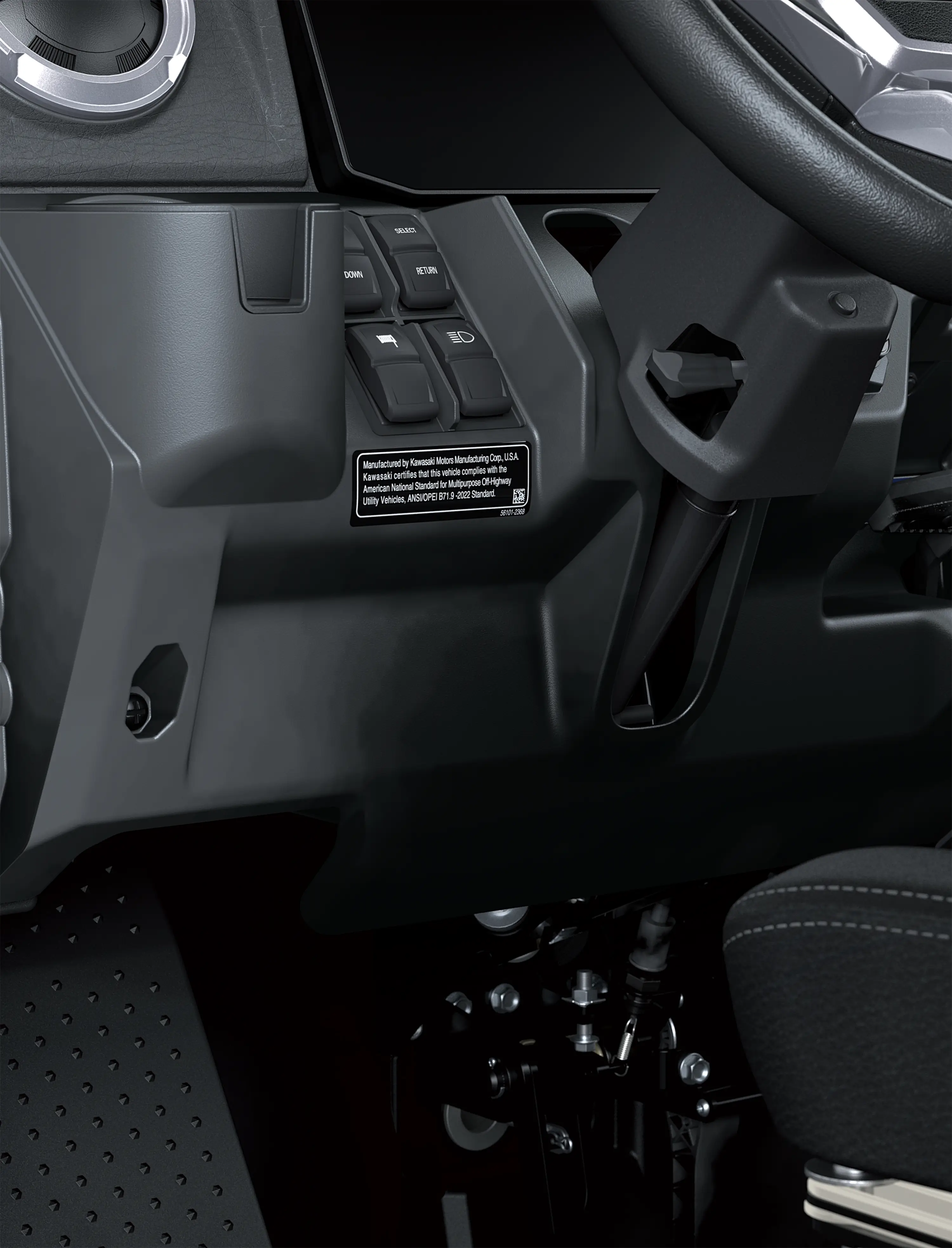Close-up on steering wheel area in a side x side.