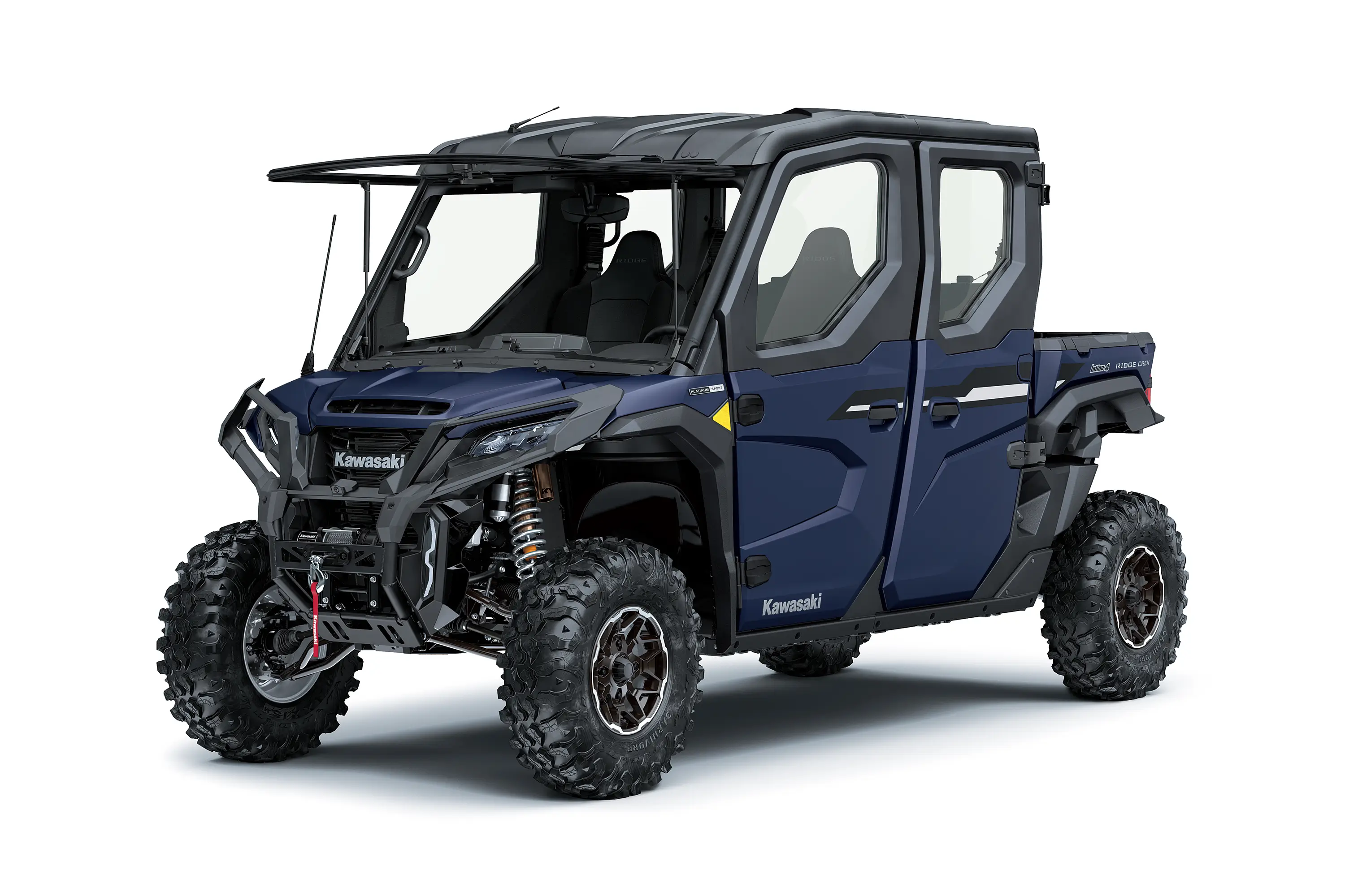 Three-quarter front angle of a flip-up windshield of a side x side staged in a white studio background.