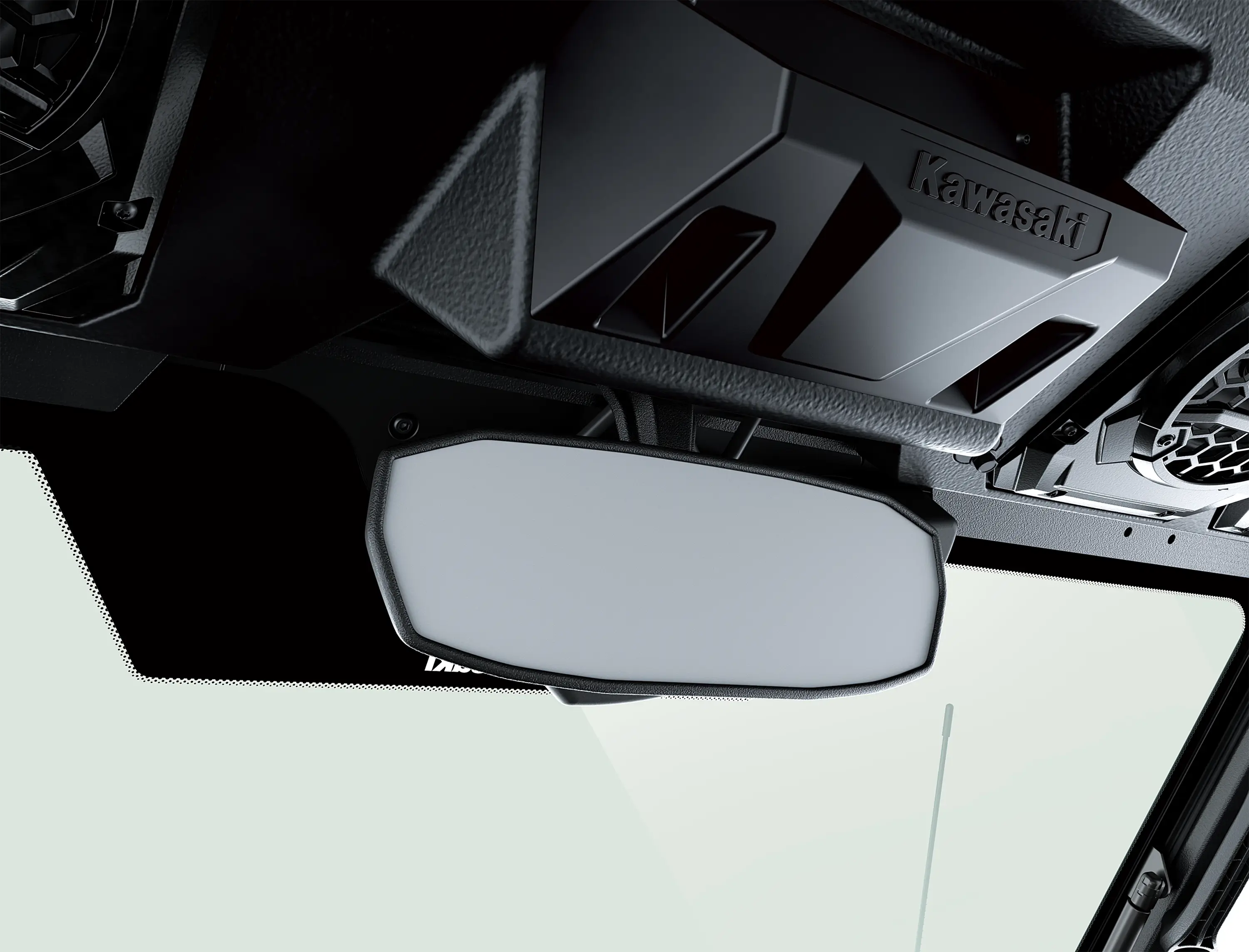 Rearview mirror in a side x side interior.