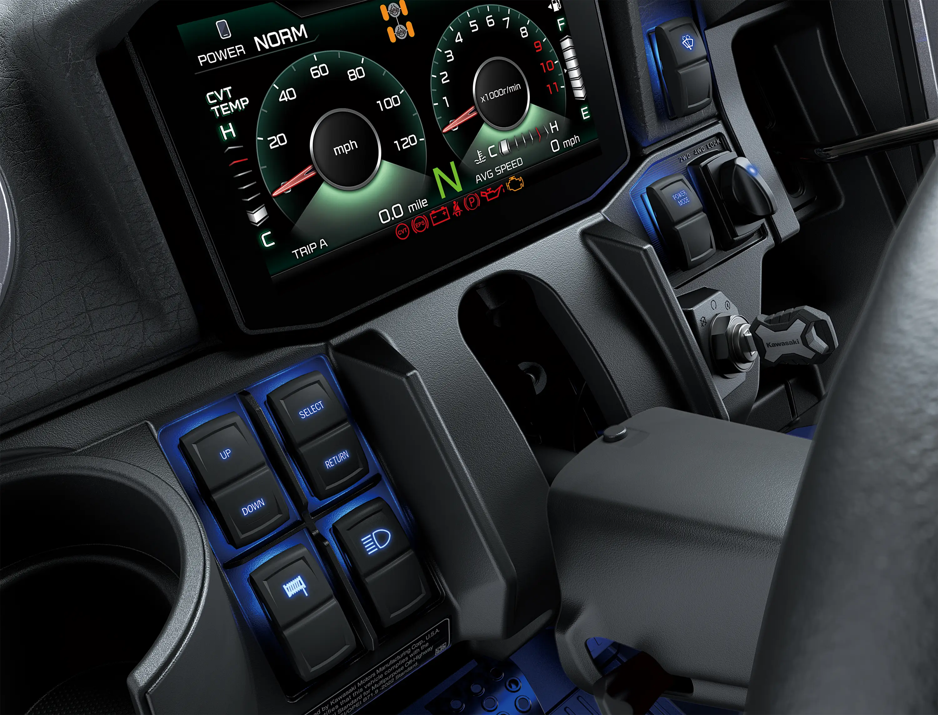 Close-up on a side x side infotainment screen and buttons.