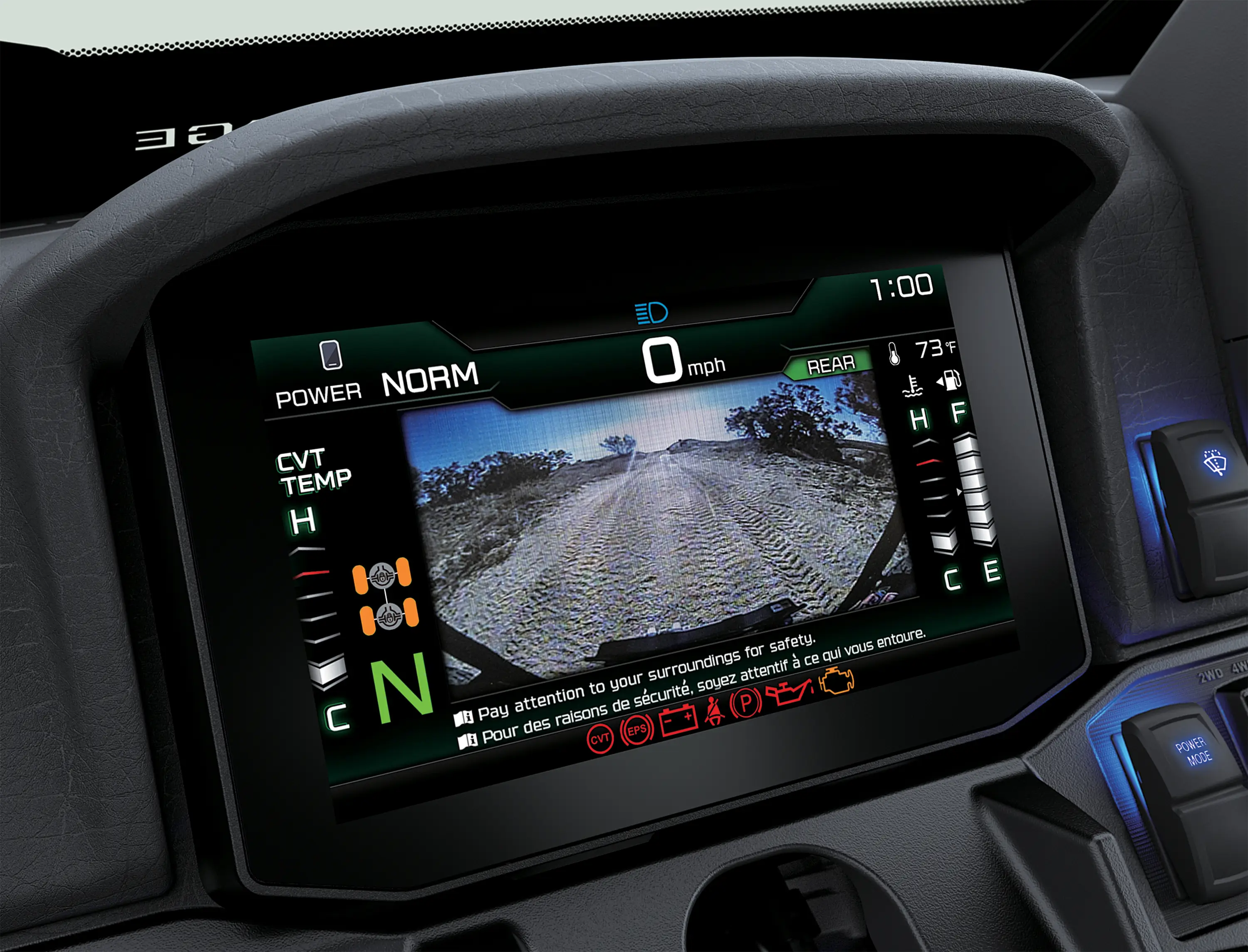 Close-up on a side x side rearview camera.
