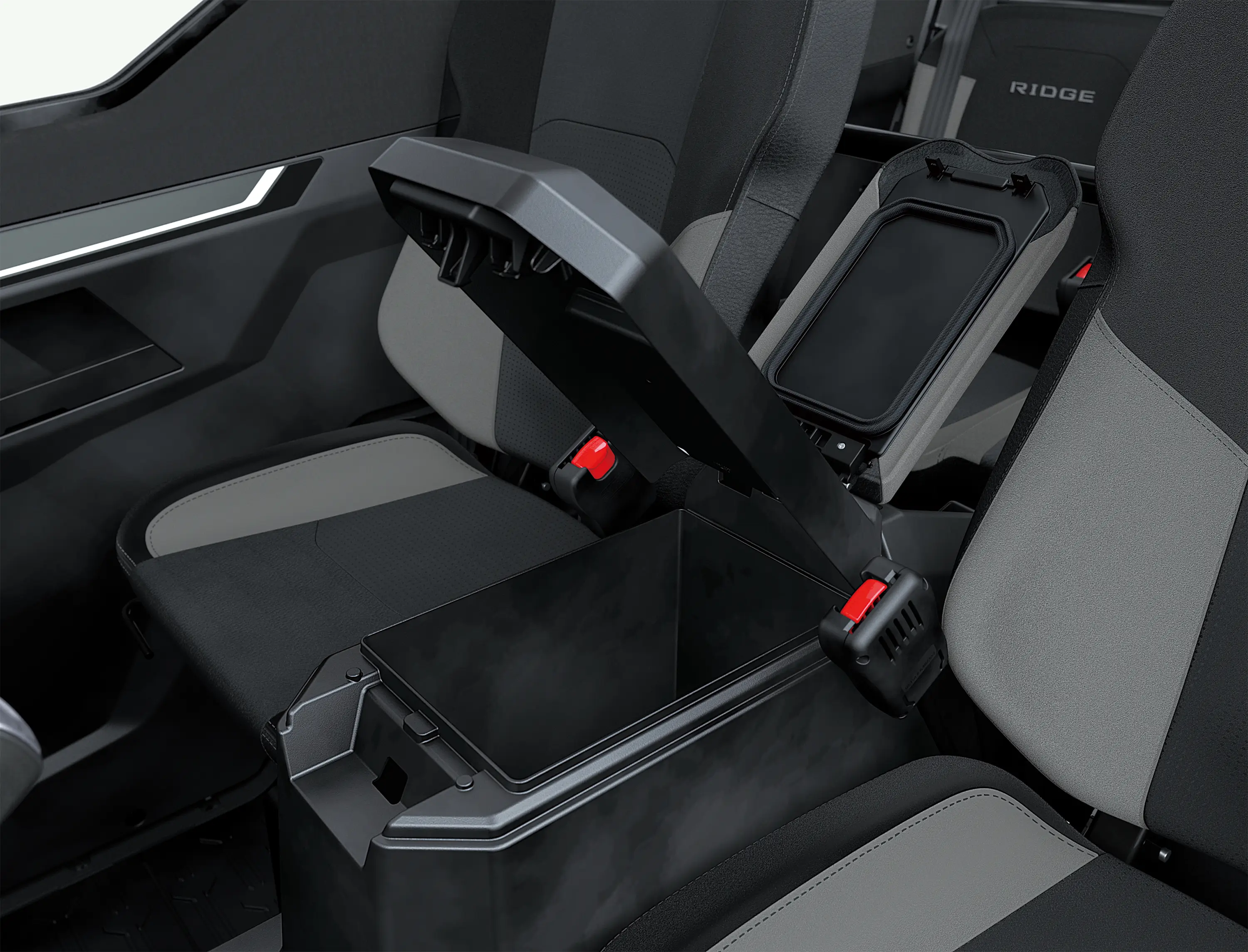 Center console flipped up in a side x side.