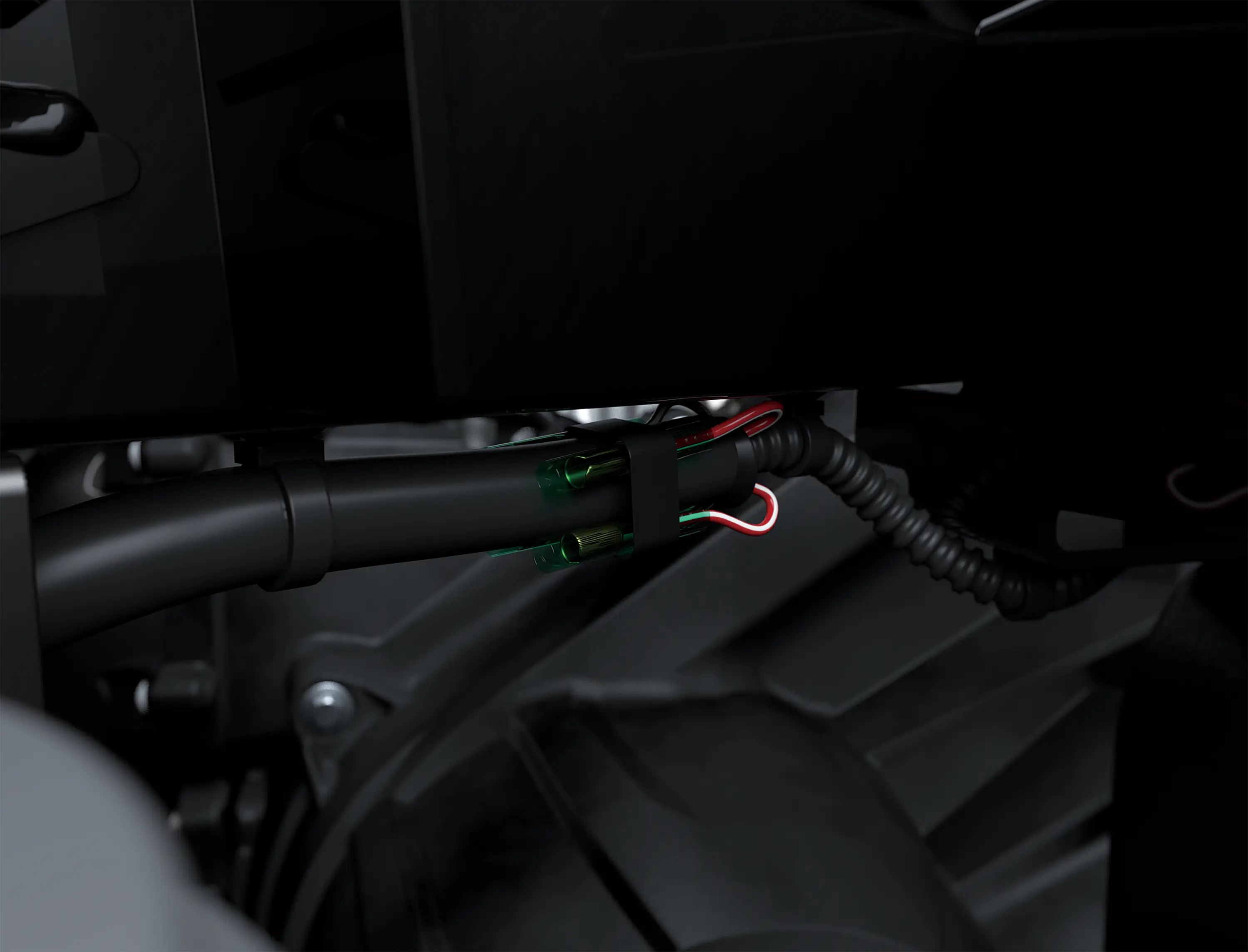 Close-up on a side x side suspension.