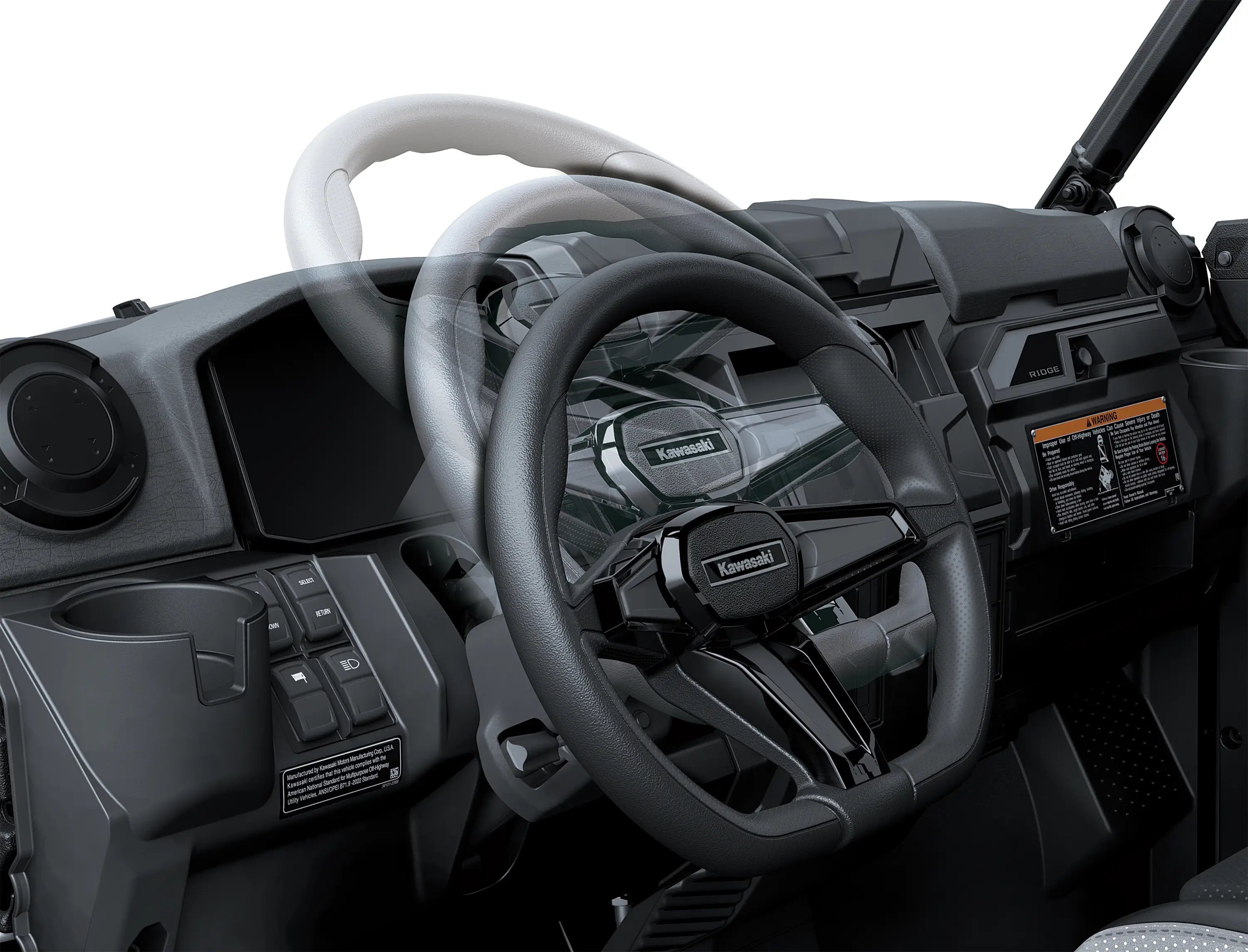 Side x side tilting steering wheel.