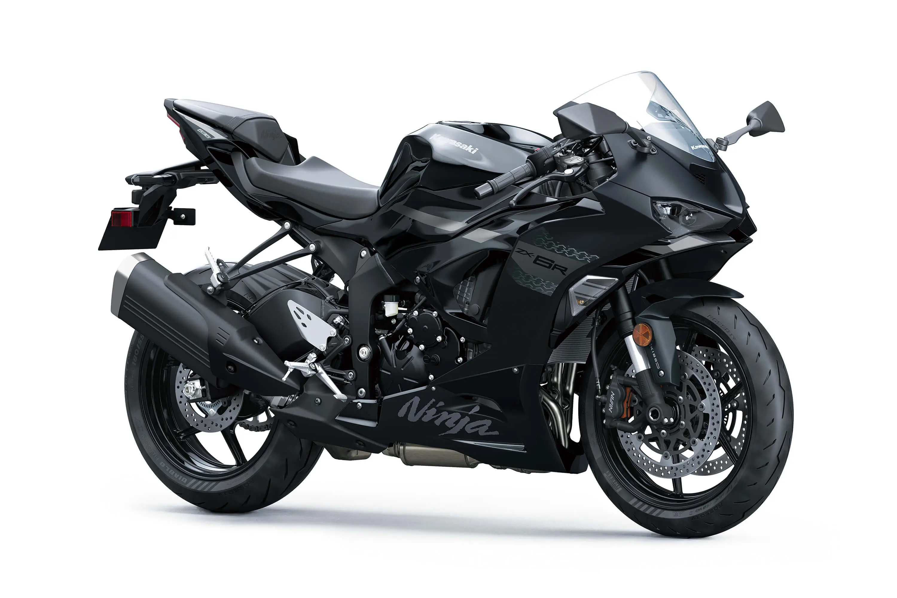 Three-quarter front angle of a motorcycle staged in a white studio background.