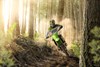 Front angle of a person riding a motorcycle off-road through trees.