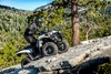 Profile angle of person riding an ATV up a hill.