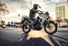 Profile angle of person riding a motorcycle on a city street.