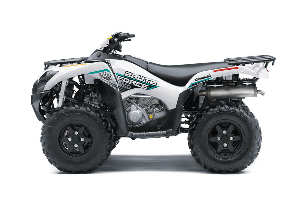 Profile angle of a white ATV staged in a white studio background.
