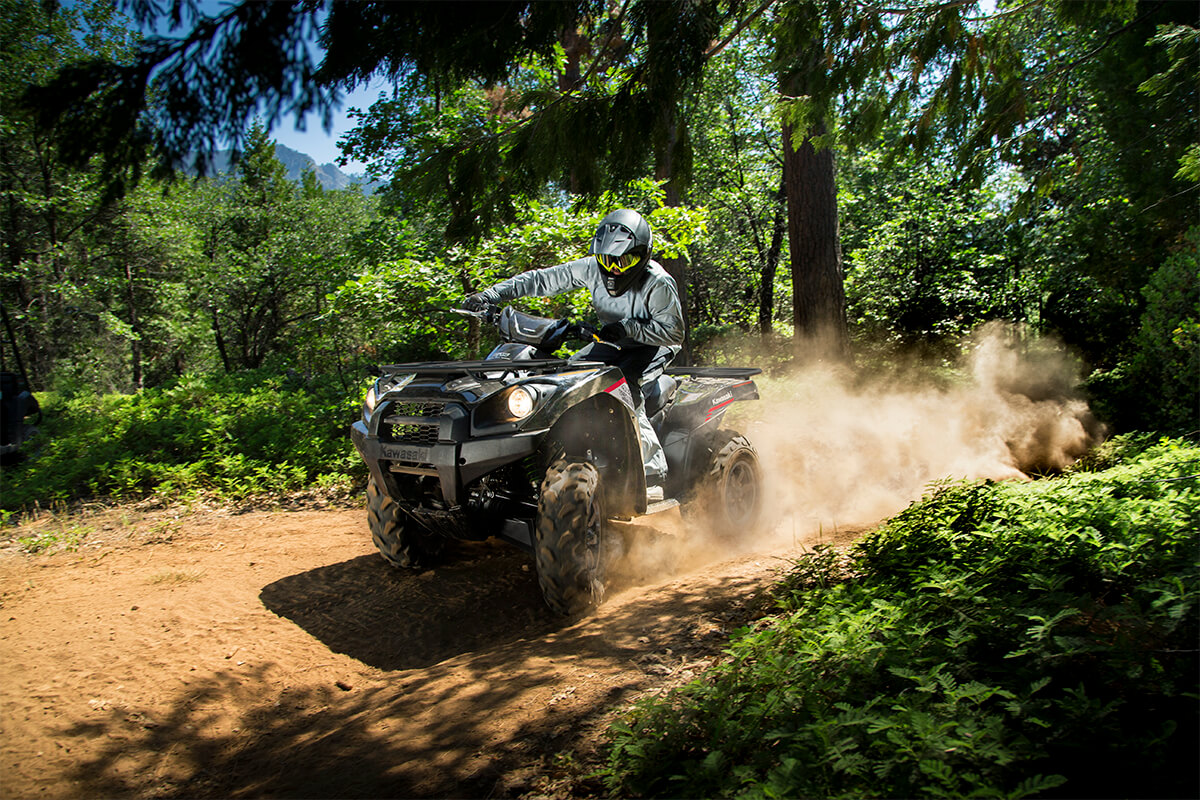 Profile angle of a person riding an ATV off-road.