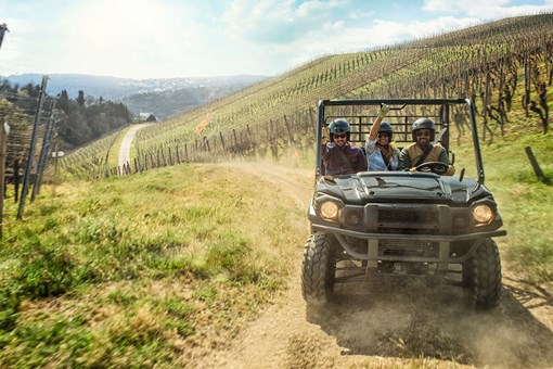 Straight on angle of a person driving a side x side off-road. opens in a new window