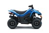 Profile angle of a blue ATV staged in a white studio background.