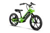 Three-quarter front angle of an electric balance bike staged in a white studio  background.