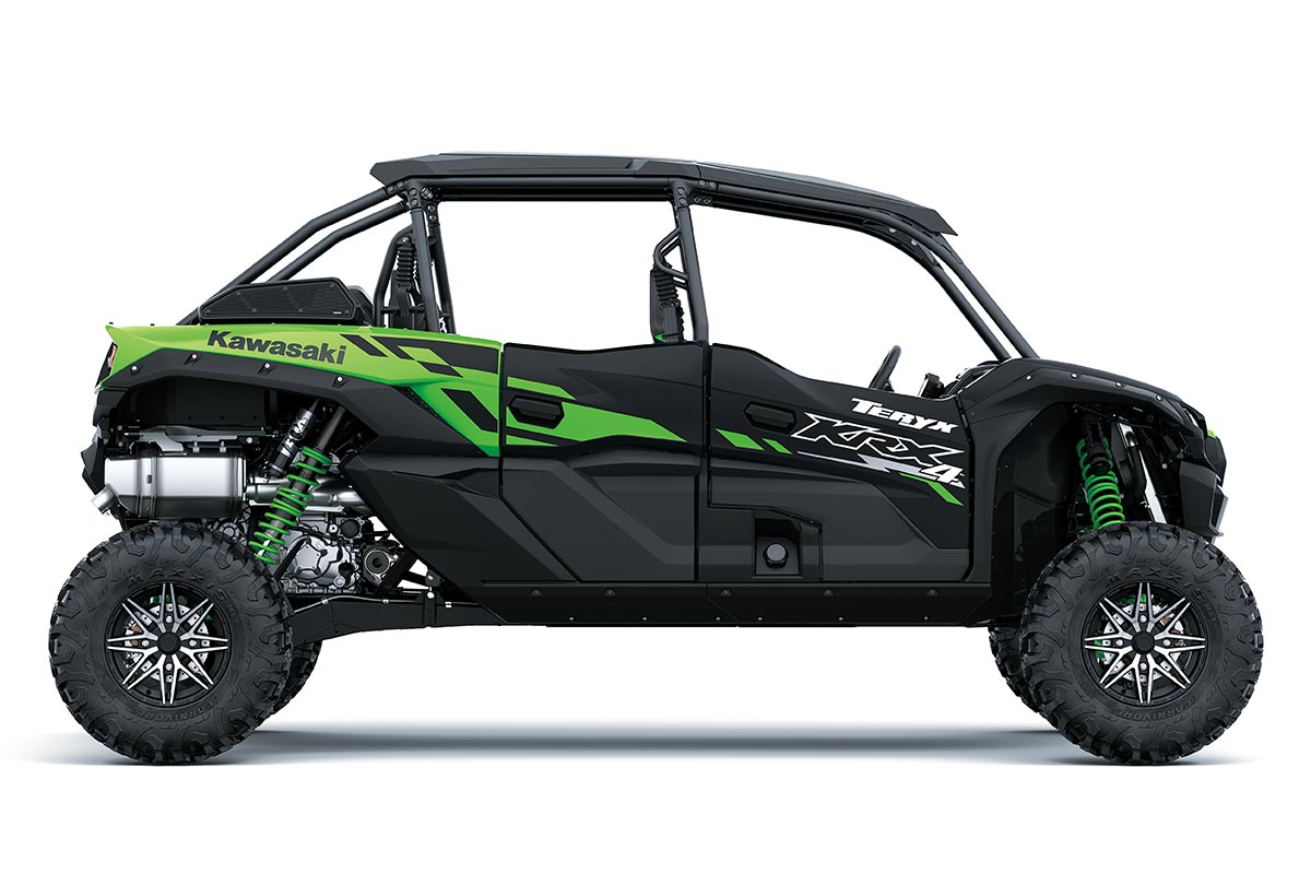 Profile angle of a green side x side staged in a white studio background.