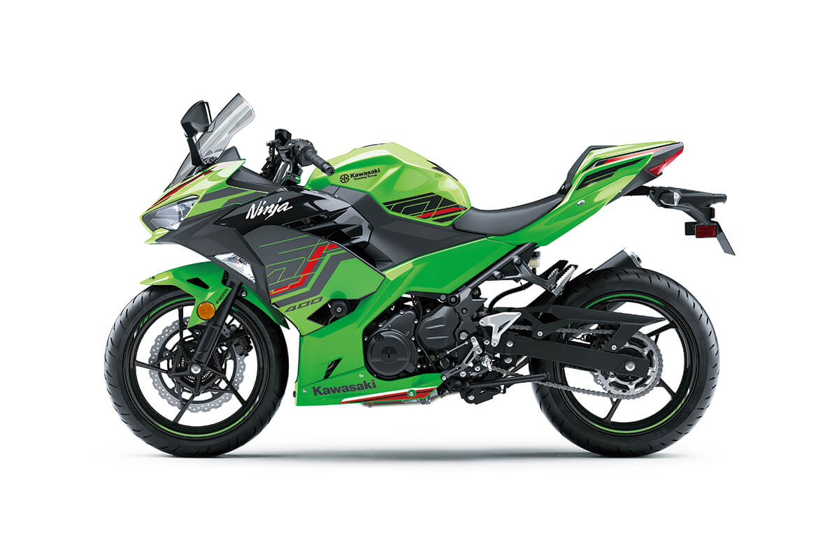 Side angle of a motorcycle staged facing left in a white studio background.