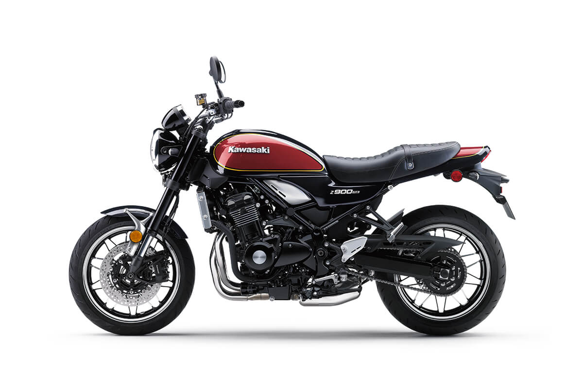 Profile angle of a motorcycle staged in a white studio background.