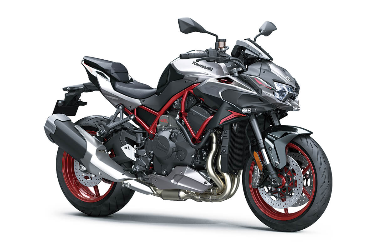 Three-quarter front angle of a motorcycle staged in a white studio background.