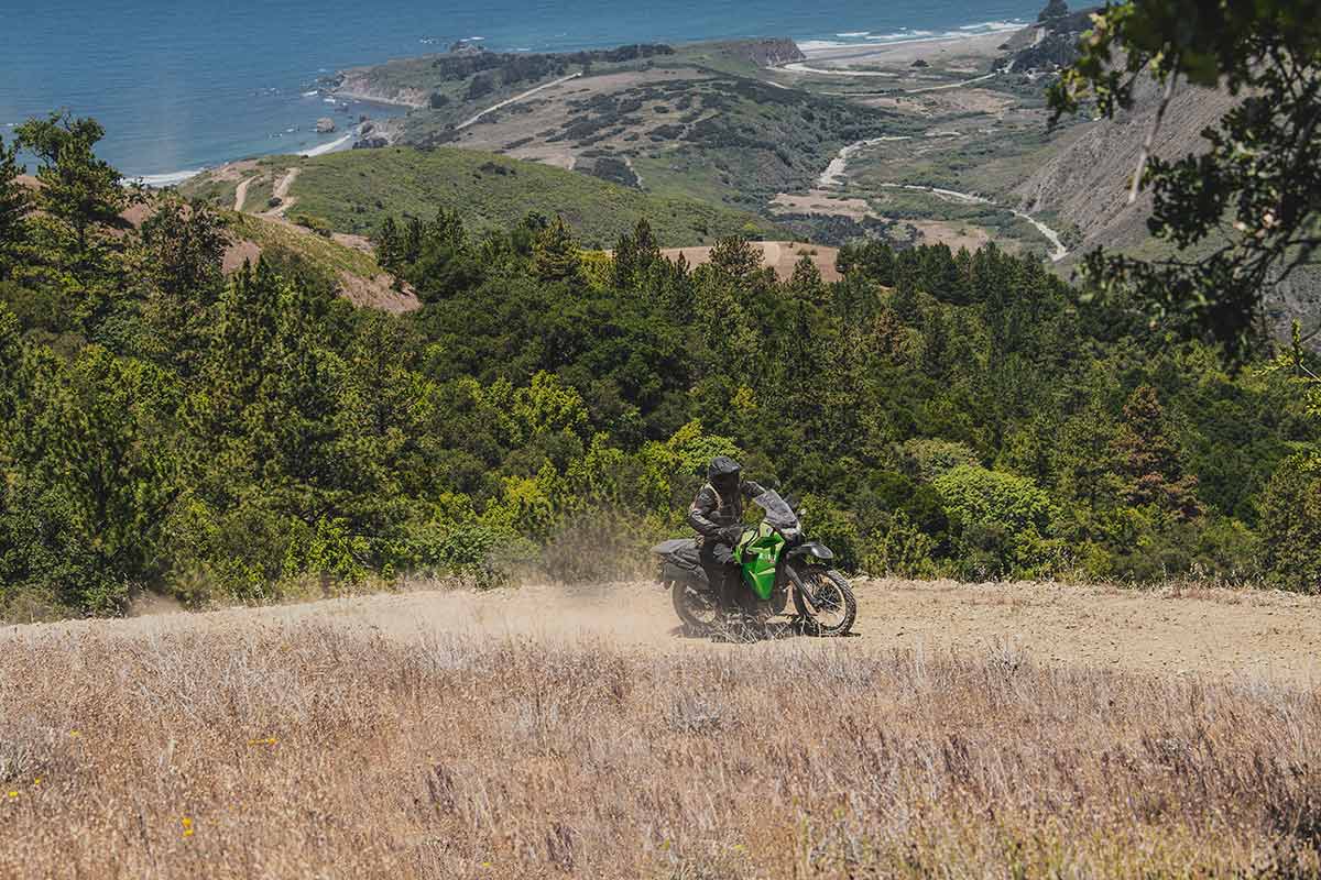 Side angle of a person riding a motorcycle off-road in a forest.