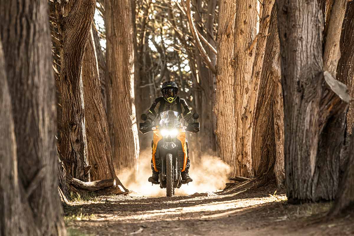 Front angle of a person riding a motorcycle off-road in a forest.