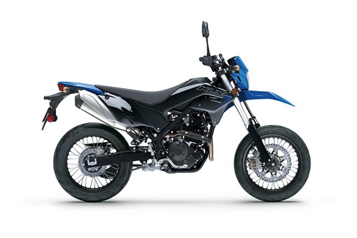 Profile angle of a blue and black motorcycle staged in a white studio background. opens in a new window