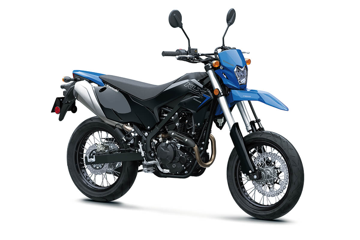 Three-quarter front angle of a blue and black motorcycle staged in a white studio background.