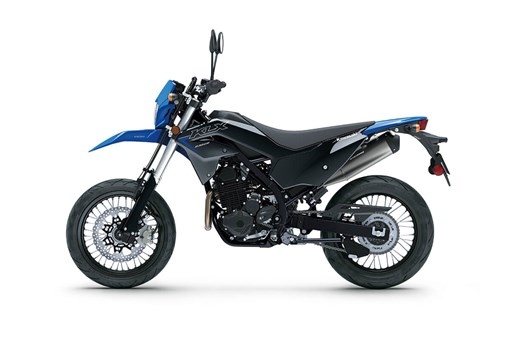 Side angle of a blue and black motorcycle staged in a white studio background. opens in a new window