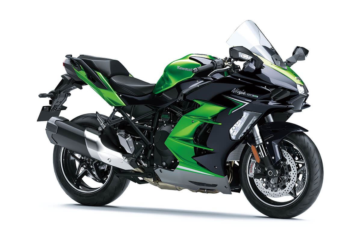 Three-quarter front angle of a motorcycle staged in a white studio background.