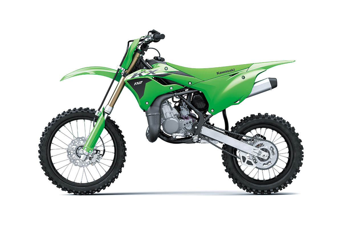 Side angle of a motorcycle staged in a white studio background.