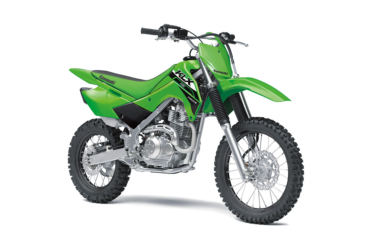 Three-quarter front angle of a green motorcycle staged in a white studio background.