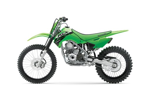 Side angle of a green motorcycle staged in a white studio background. opens in a new window