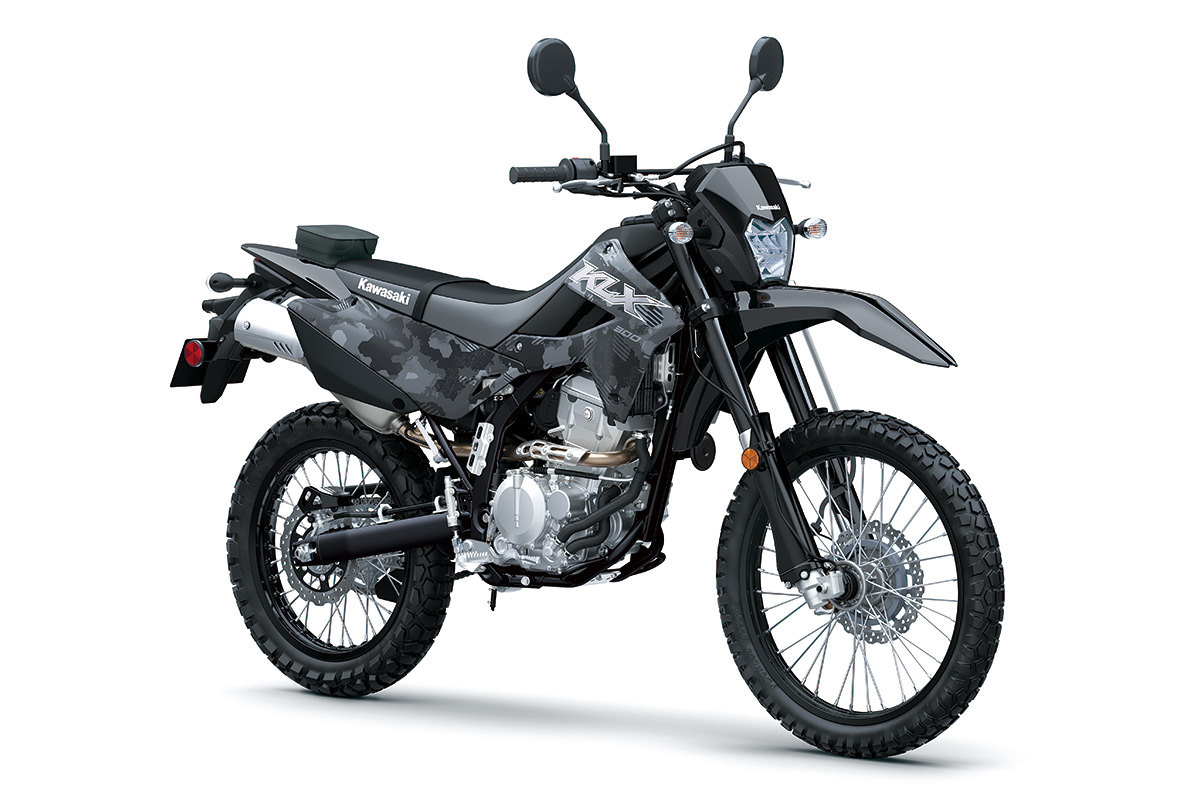 Three-quarter front angle of a dark grey motorcycle staged in a white studio background.