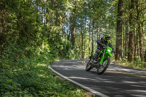 Three-quarter front angle of a person riding a motorcycle while surrounded by trees. opens in a new window