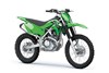 Three-quarter front angle of a green motorcycle staged in a white studio background.