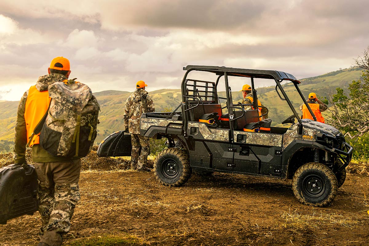 Three-quarter front angle of a side x side parked off-road.