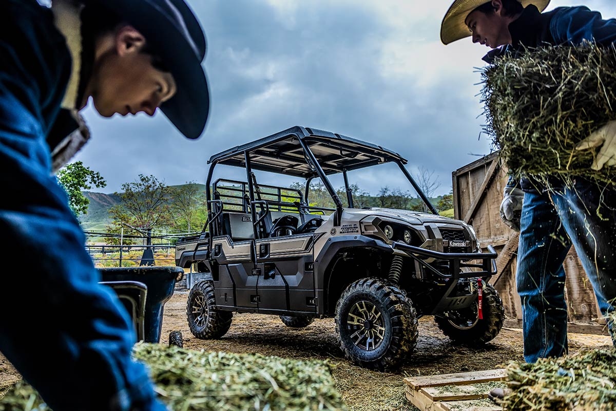 Three-quarter front angle of a side x side parked off-road.
