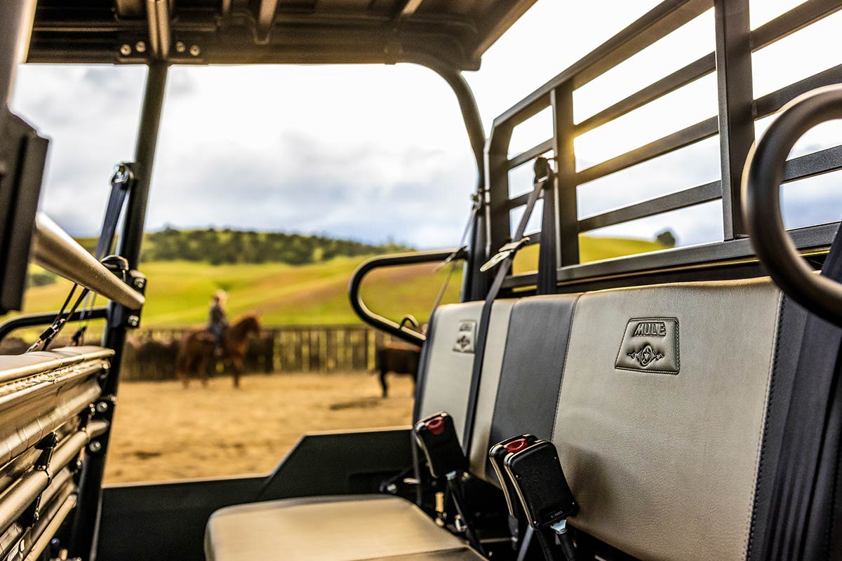 Side angle of the back seat of a parked side x side.